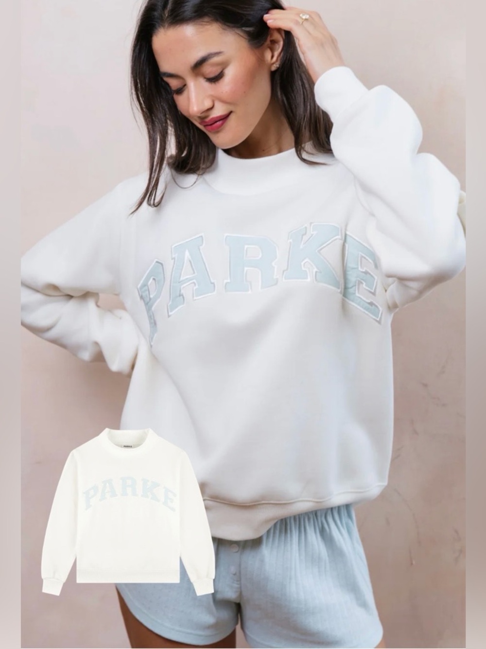 Parke L/XL Pearl + Pale Bridal Varisty Mockneck Sweatshirt. 💙⚡️
